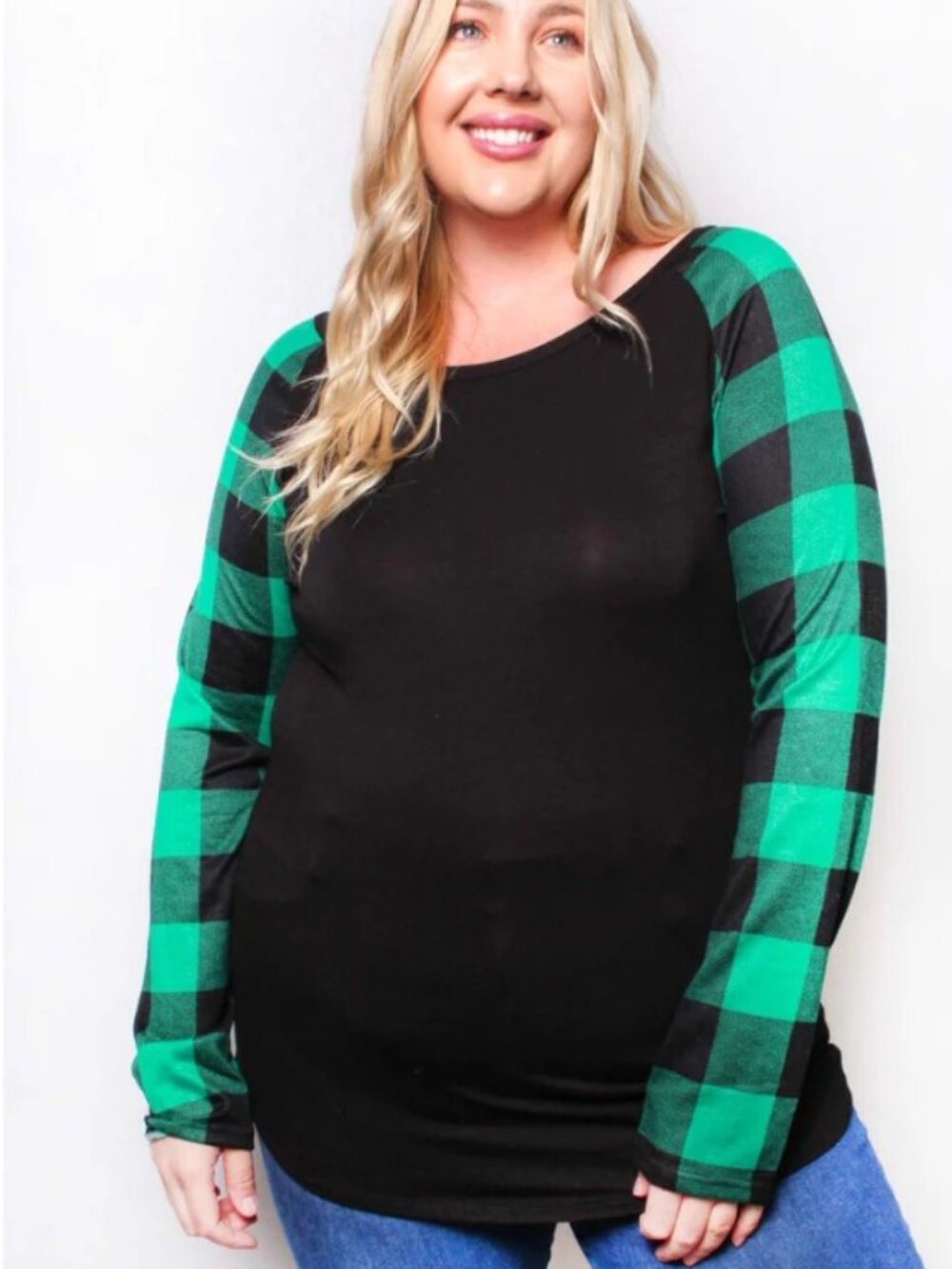 Women's Plus Long Sleeve Round Neck Plaid Raglan Top by Colorbear